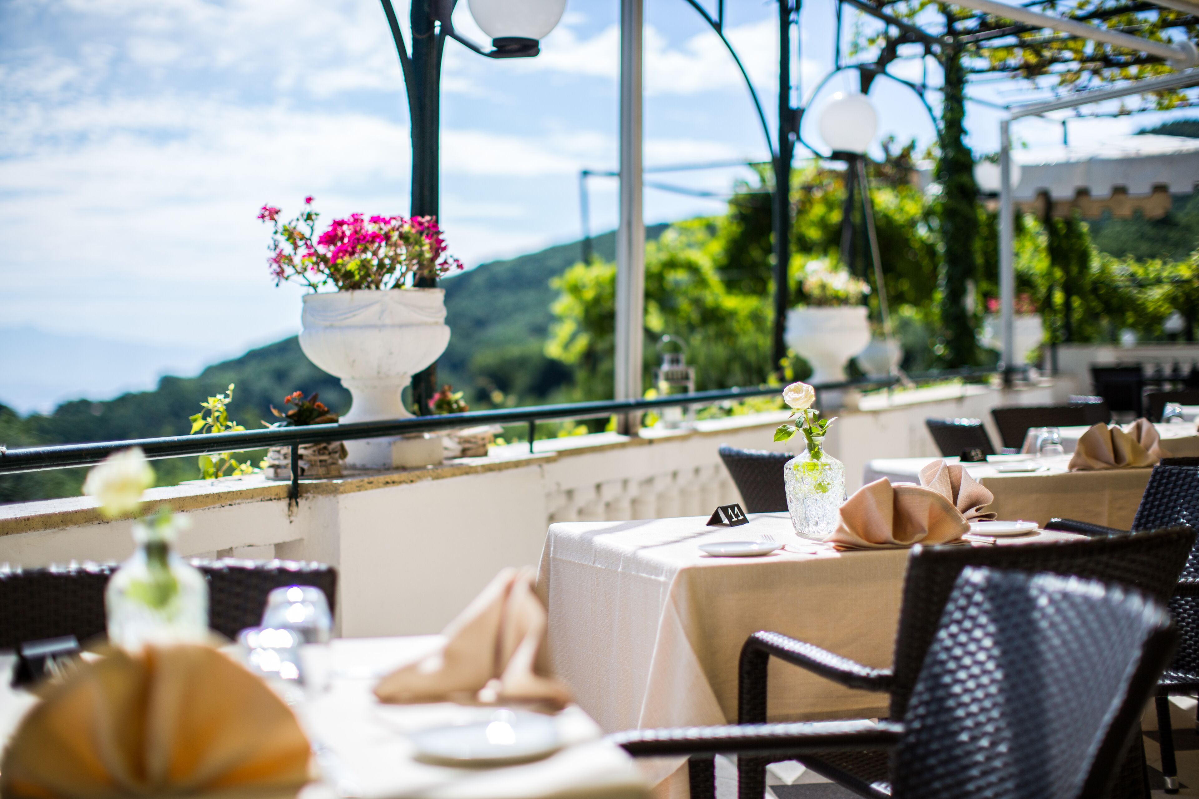 Un área de comedor al aire libre con mesas dispuestas para dos, plantas en macetas y vistas del paisaje.