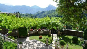 Un patio con sendero de piedra, plantas en macetas y vistas a las montañas.