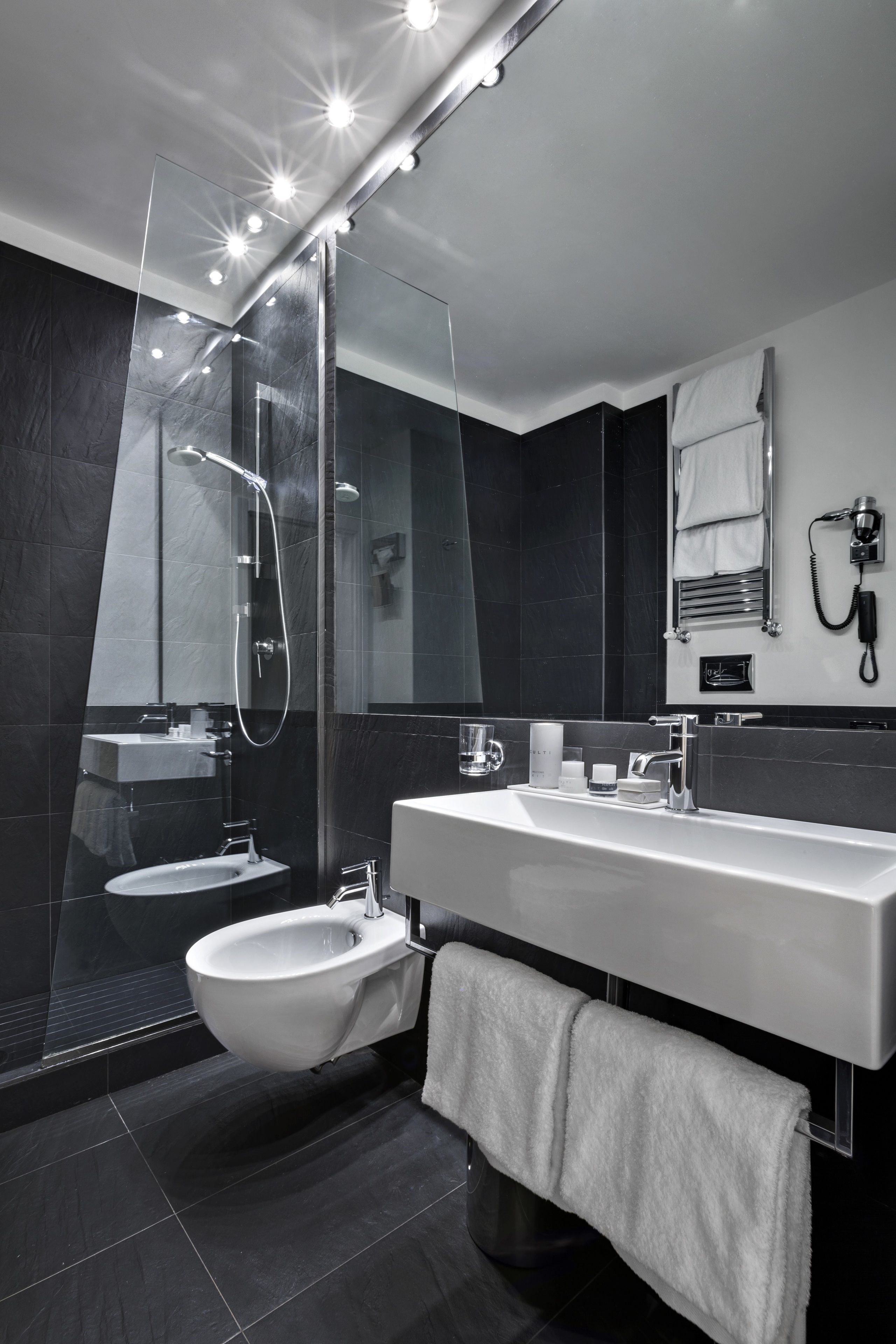 Une salle de bain moderne dotée d’une douche à parois de verre, d’un bidet, d’un meuble-lavabo avec miroir et d’un porte-serviettes.