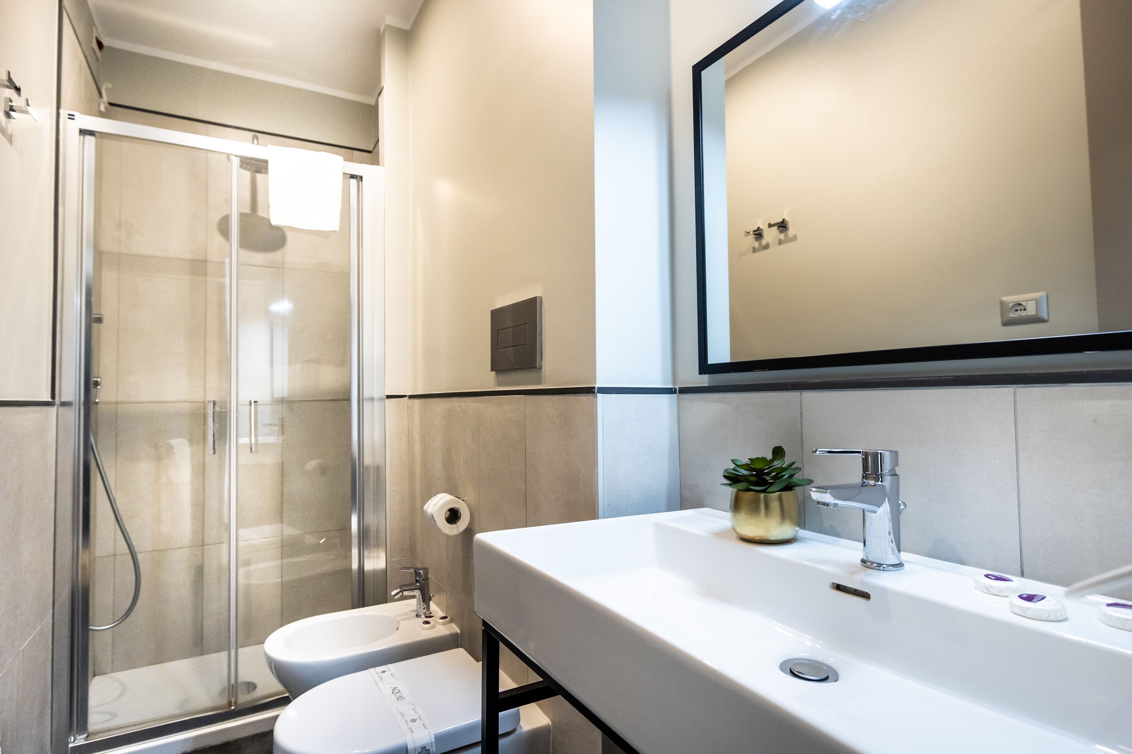 A modern bathroom with a glass shower enclosure, a white sink, and a large mirror.