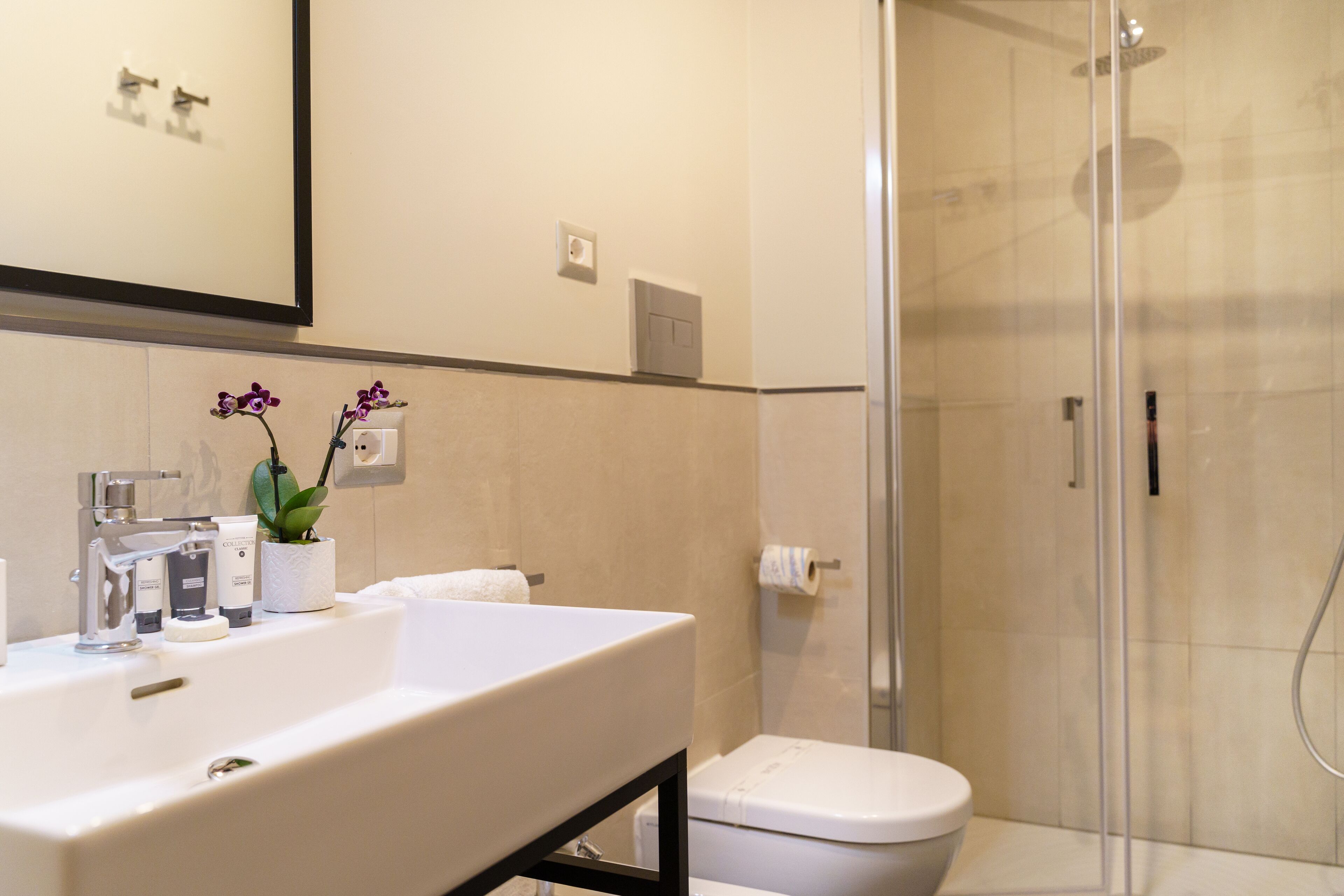A modern bathroom with a white sink, a toilet, and a glass shower enclosure.