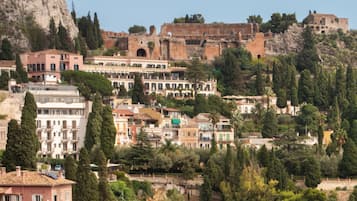 A historic town with a prominent castle on a hill, surrounded by lush greenery and residential buildings.