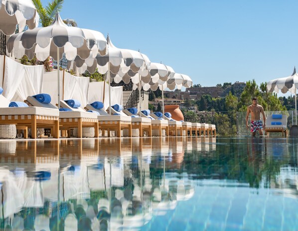 Seasonal outdoor pool, open 9:00 AM to 6:00 PM, pool umbrellas