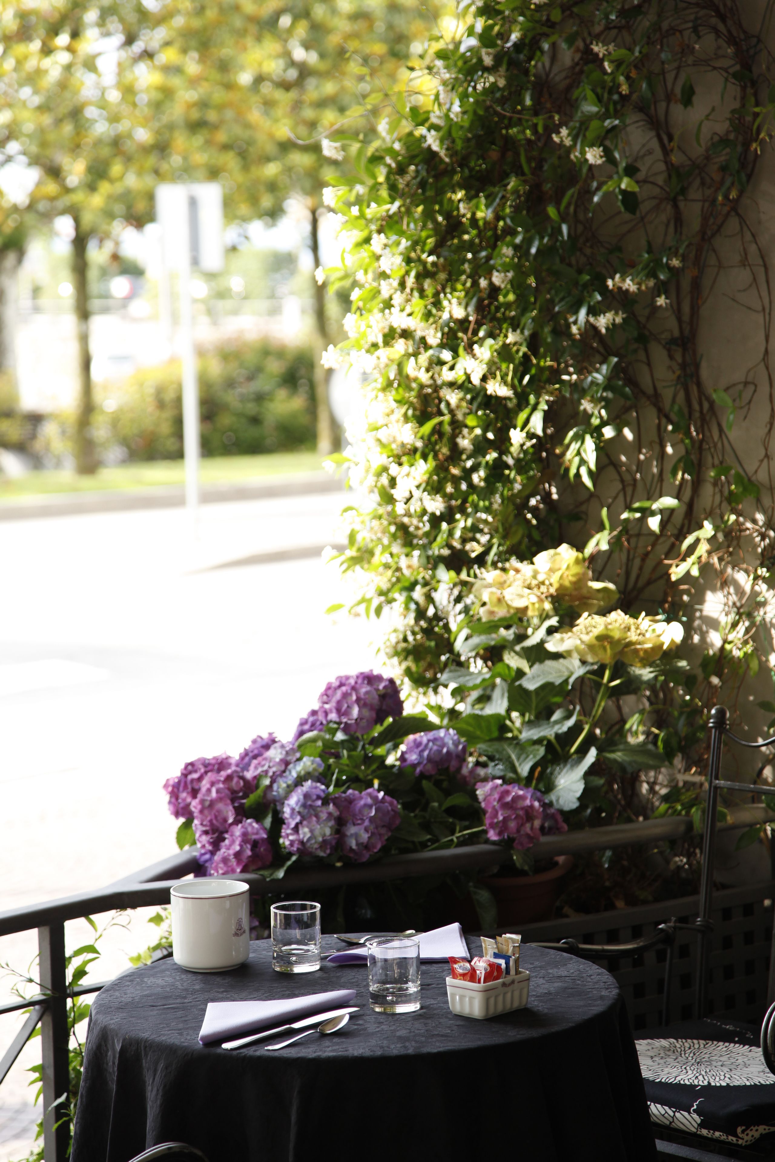 Une table ronde recouverte d’une nappe noire, une tasse blanche, deux verres, un couteau et une cuillère. Une plante en pot aux fleurs violettes se trouve à gauche de la table.