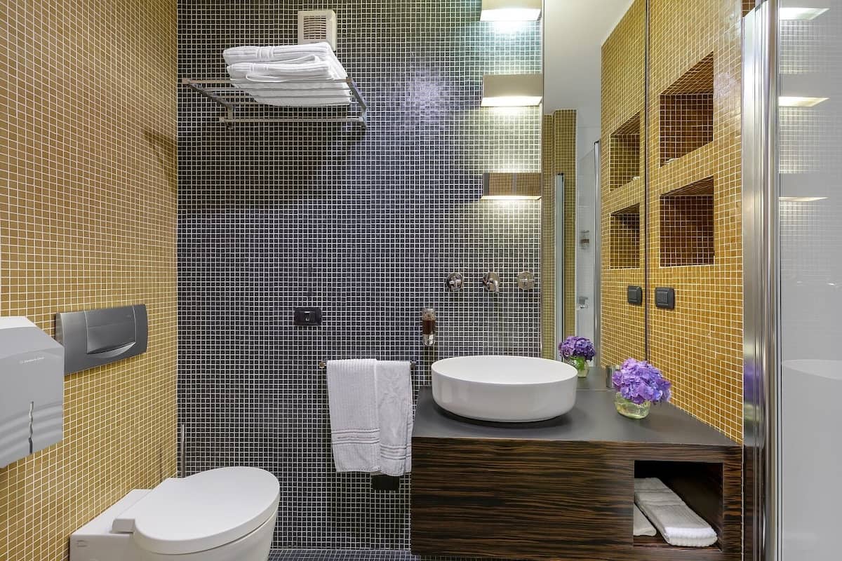 deluxe double room, courtyard view | bathroom | shower, free toiletries, hair dryer, slippers