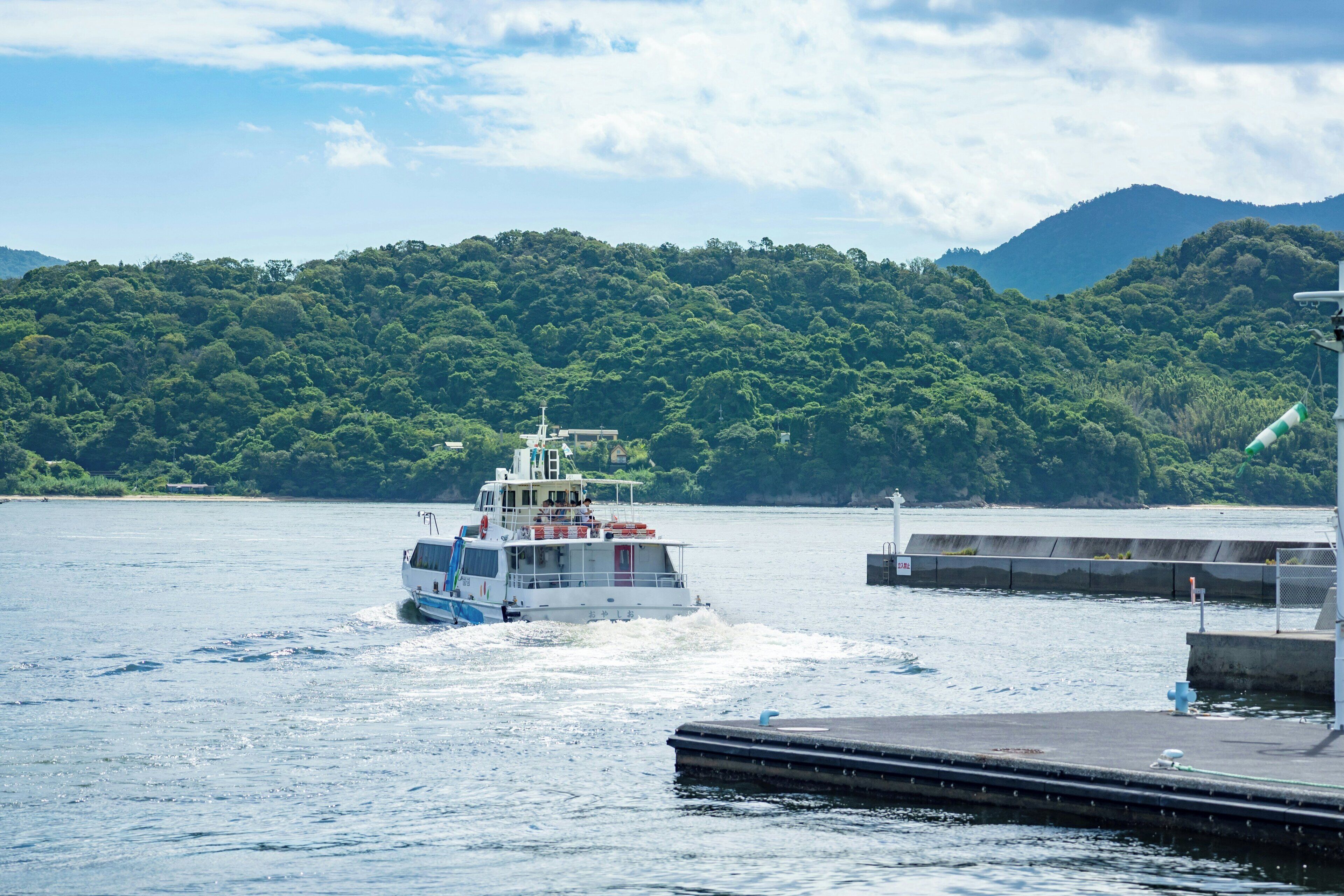 A boat on a body of water with a dock in the foreground and a forested hill in the background.