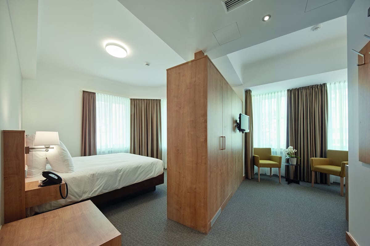 Ein Hotelzimmer mit Bett, Schreibtisch mit Lampe, Stuhl, Fernseher und einer Topfpflanze.