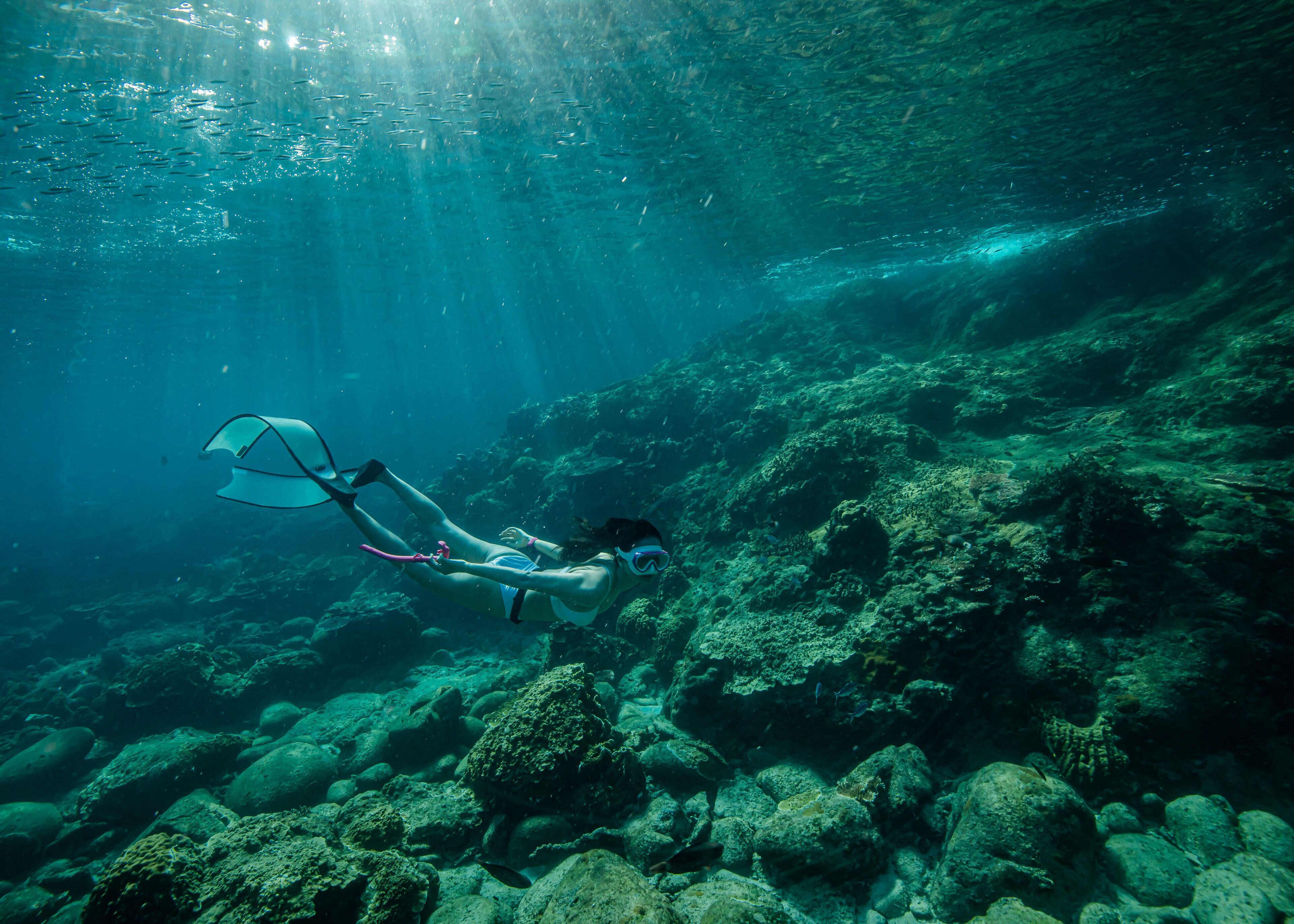 A diver underwater exploring a rocky seabed with visible coral formations.