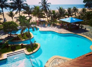 Outdoor pool, pool umbrellas, pool loungers