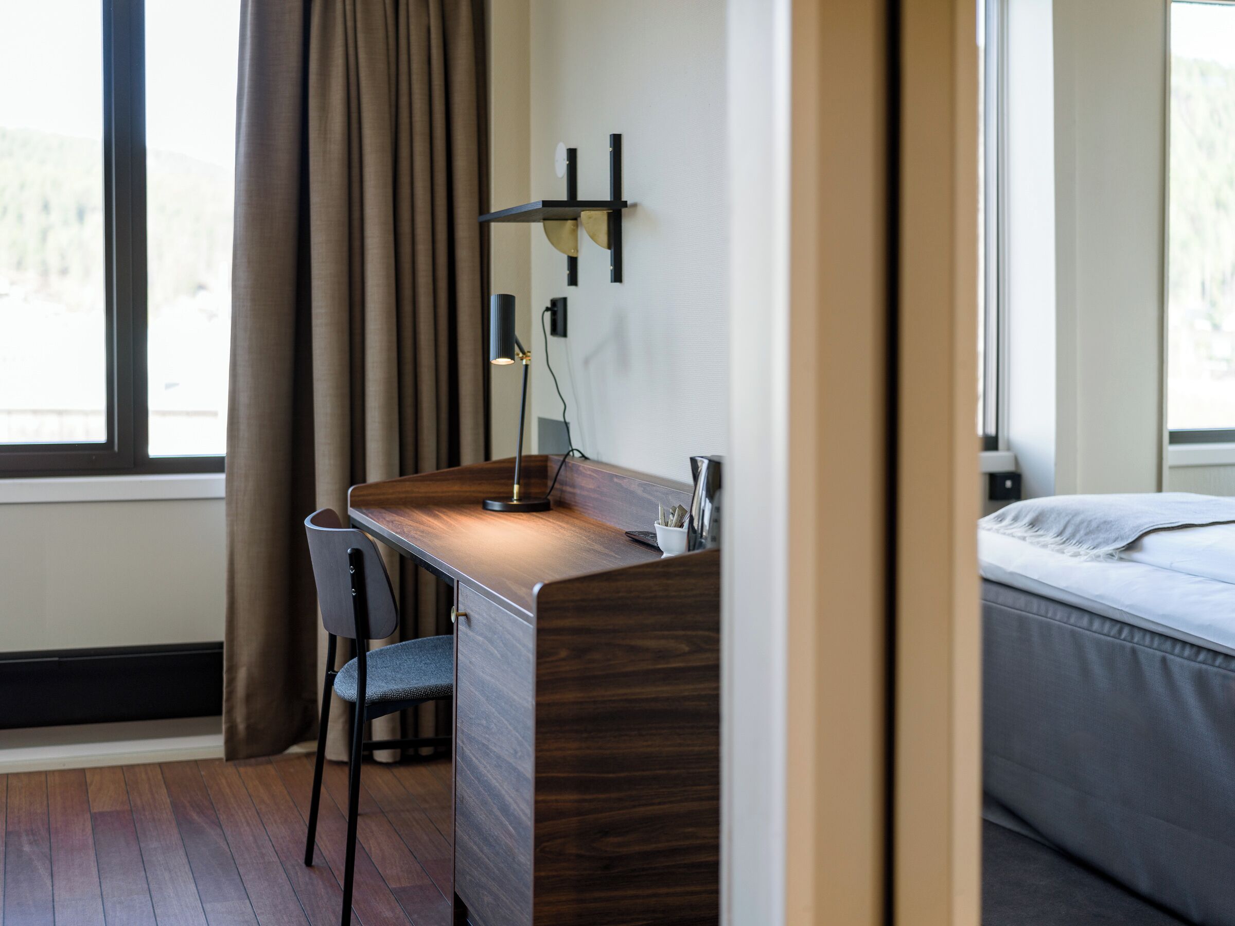 1 bedroom, desk, laptop workspace, blackout curtains