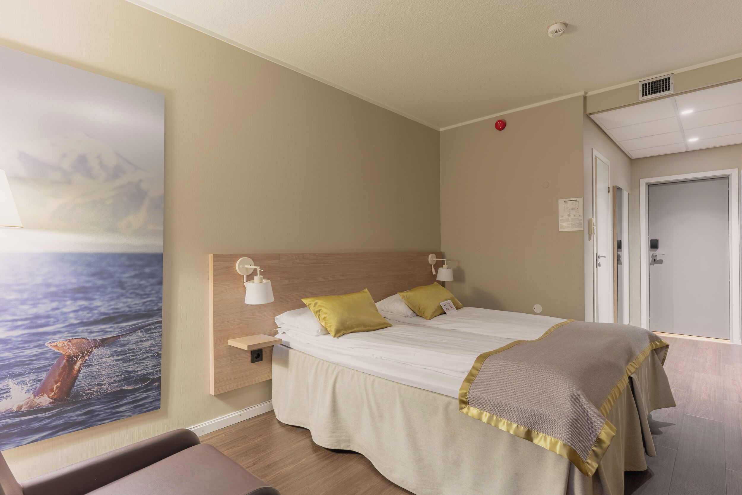 laptop workspace, blackout curtains, free wifi, bed sheets