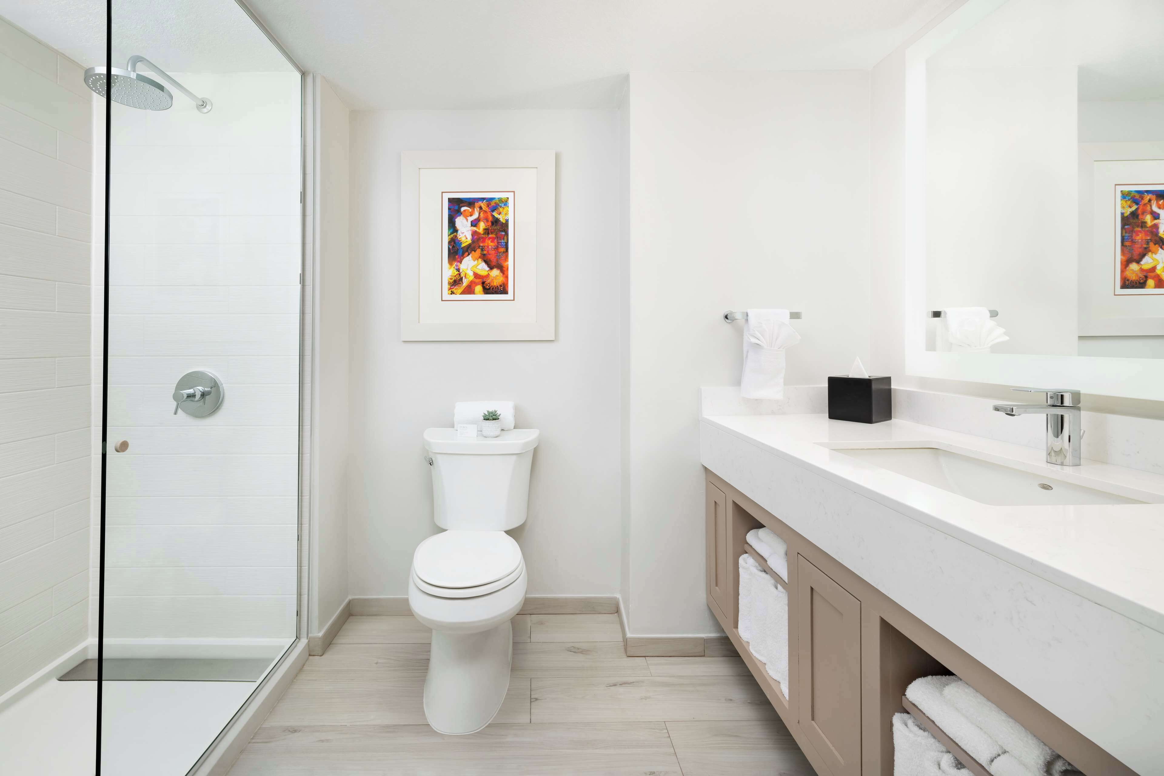Un baño moderno con cabina de ducha de vidrio, inodoro blanco, lavamanos con espejo y una obra de arte enmarcada en la pared.