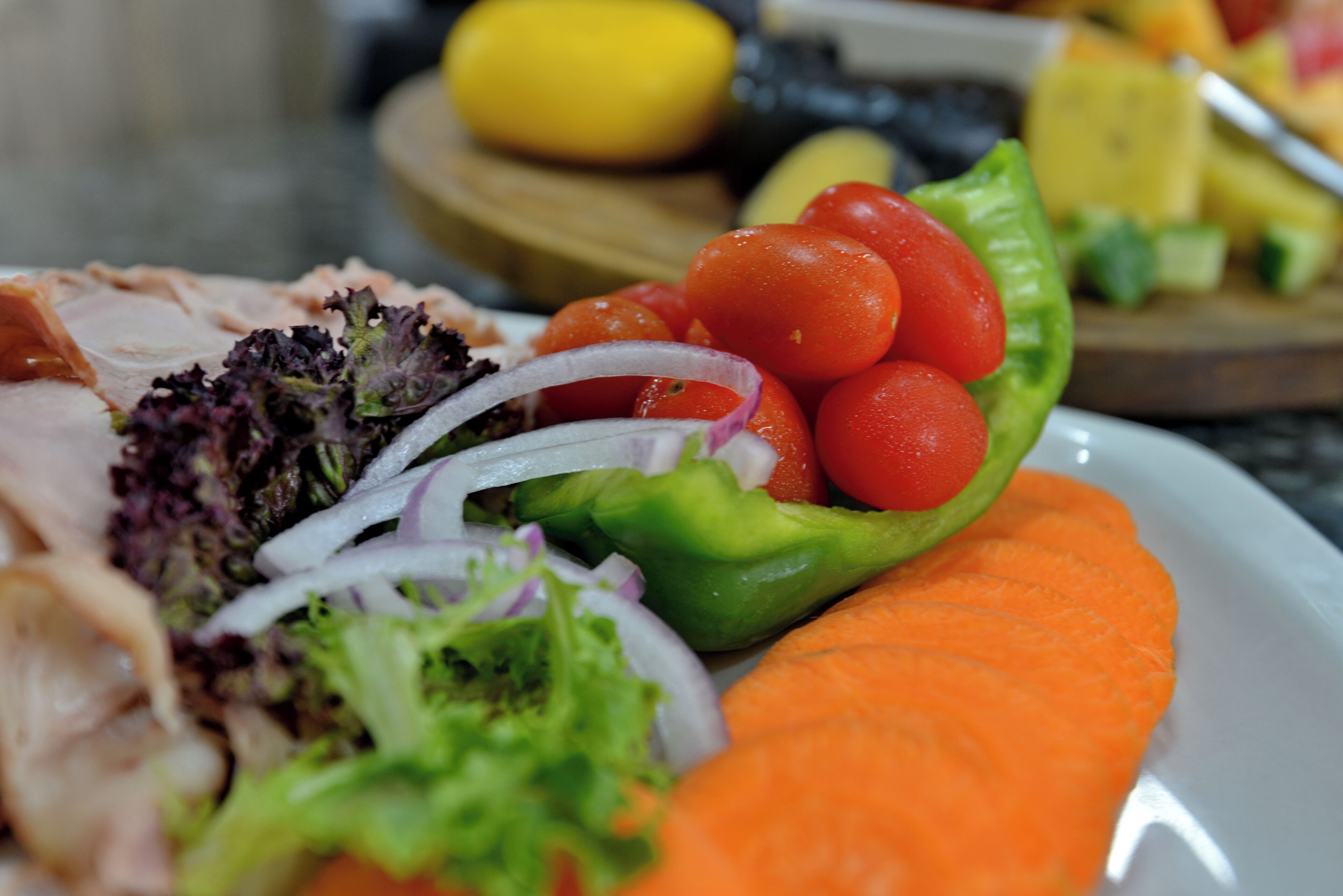 A plate with sliced meat, lettuce, tomatoes, and a carrot.