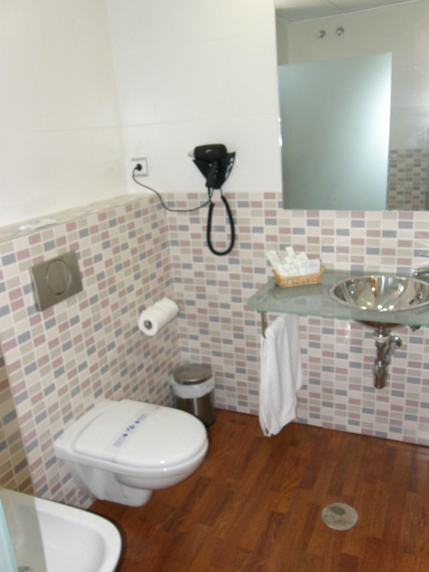 Un baño con inodoro, un cubo de basura, toallero y lavabo con espejo arriba.