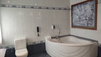 A bathroom with a toilet, a bathtub, and a shower.