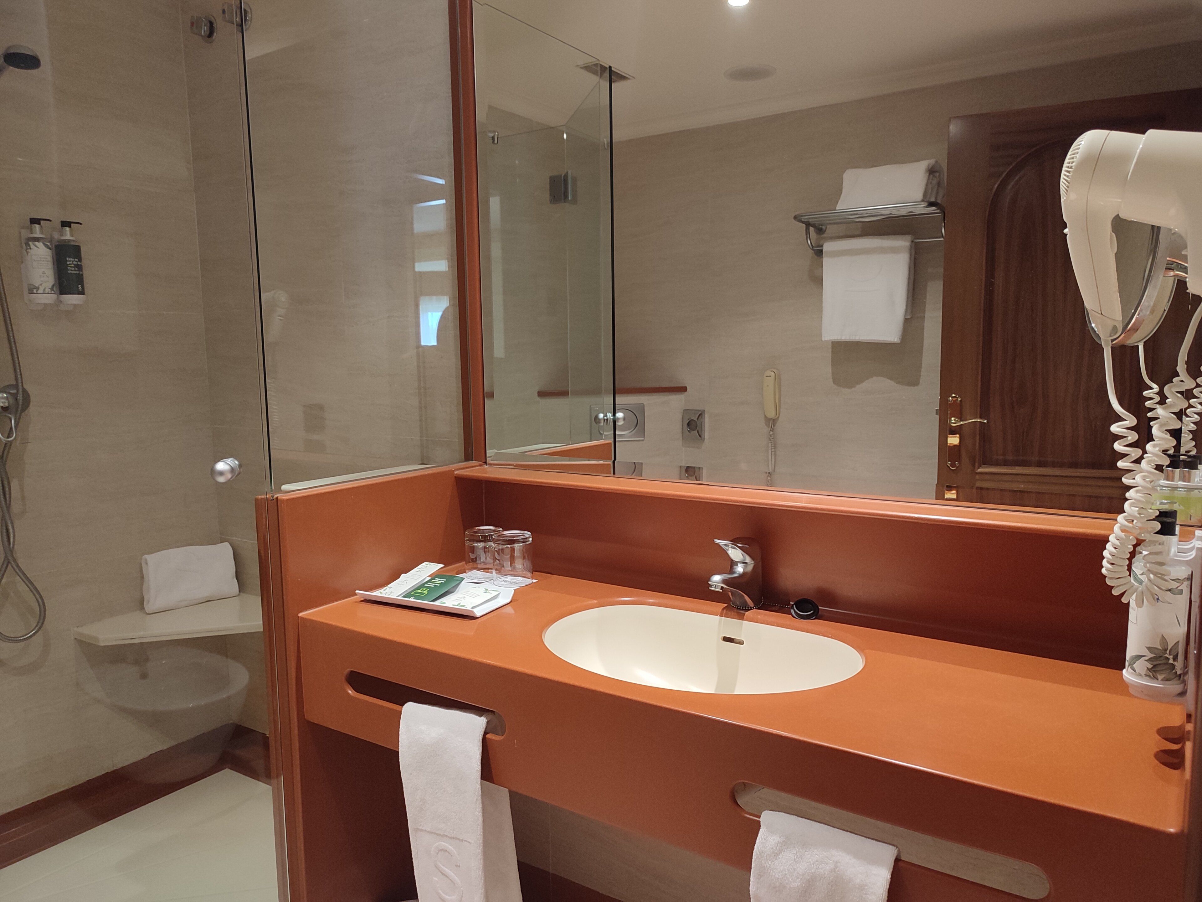 Un bagno con box doccia in vetro, un lavandino bianco e uno specchio che riflette una porta in legno e un asciugacapelli.