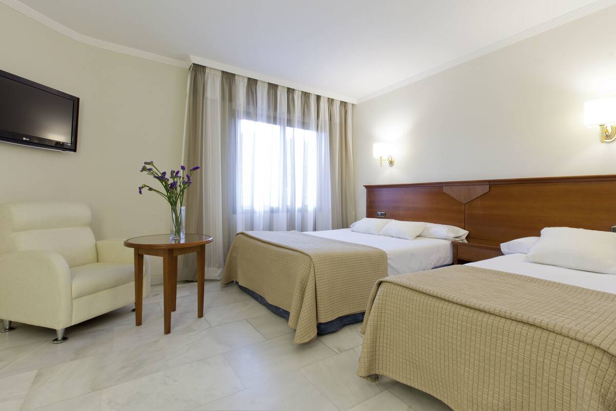 A hotel room with two beds, a sofa, a small table with a vase, and a TV on the wall.