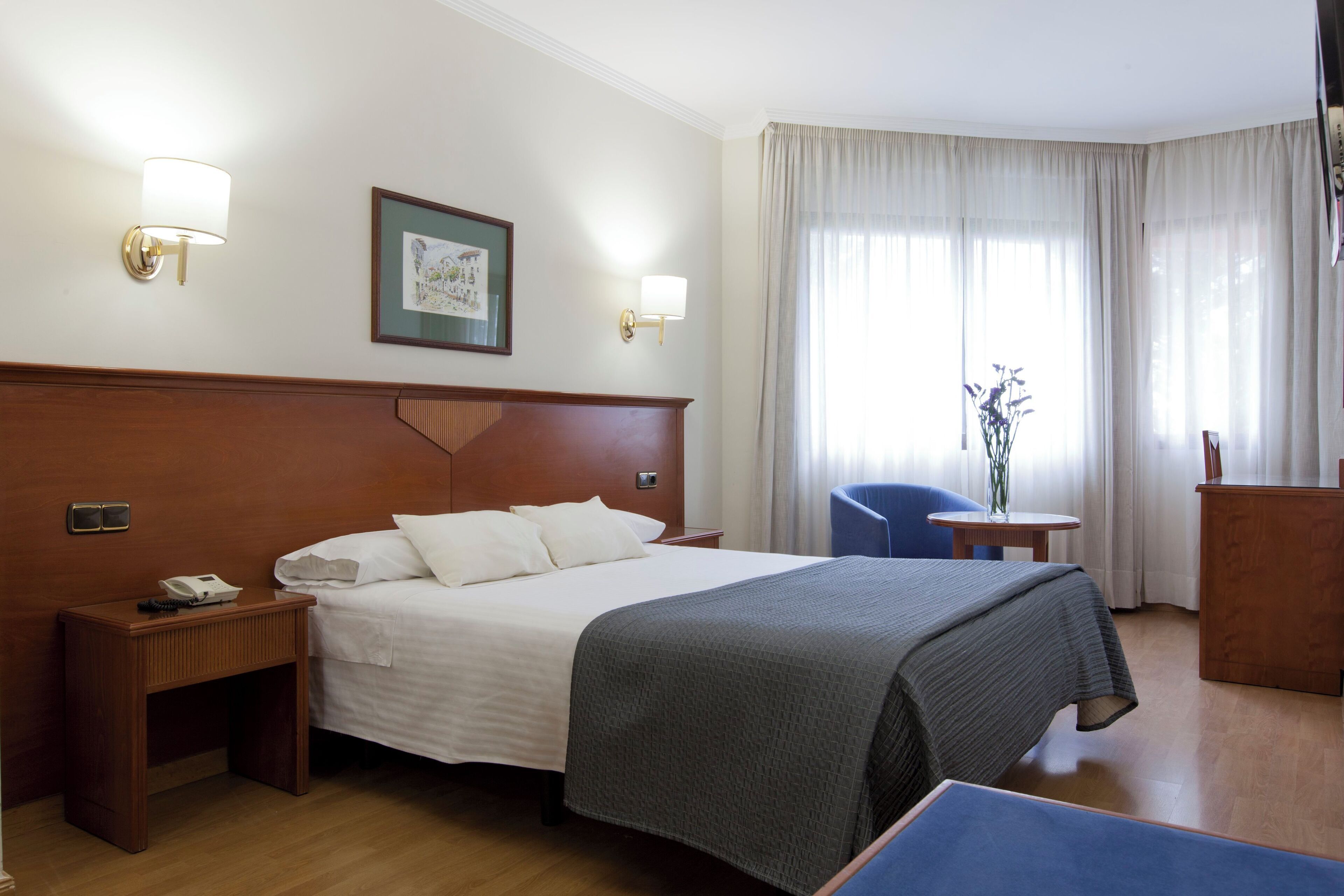 A hotel room with a large bed, a bedside table with a phone, a chair, a desk, and a window with curtains.