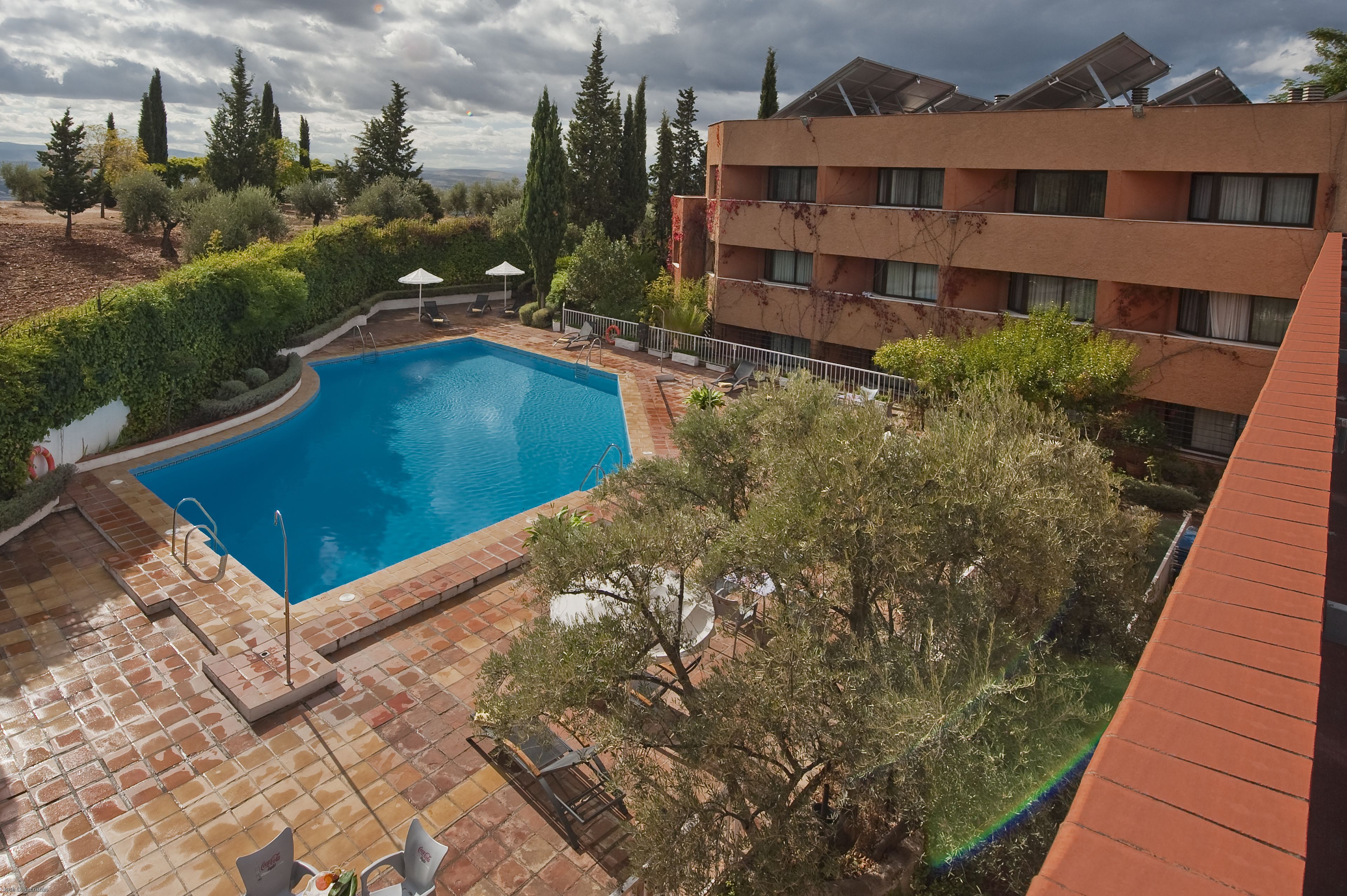Una piscina con solárium empinado, rodeada de vegetación y un edificio con varios balcones.