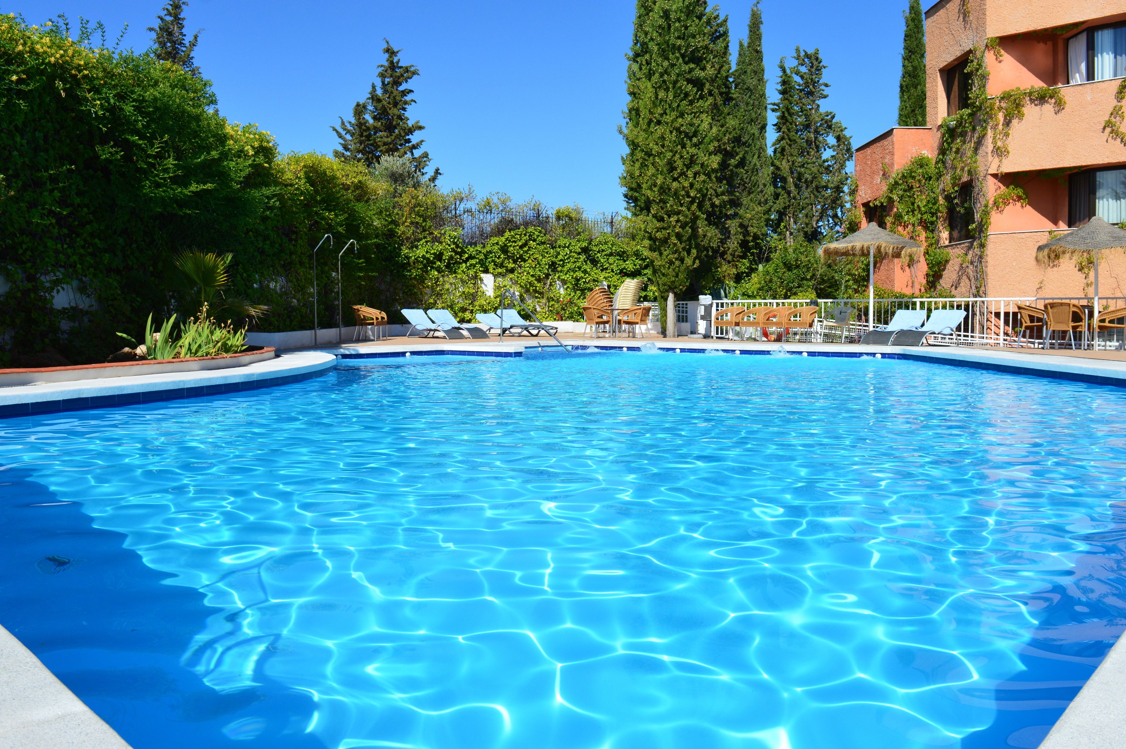seasonal outdoor pool, open 11 am to 8 pm, pool umbrellas, pool loungers