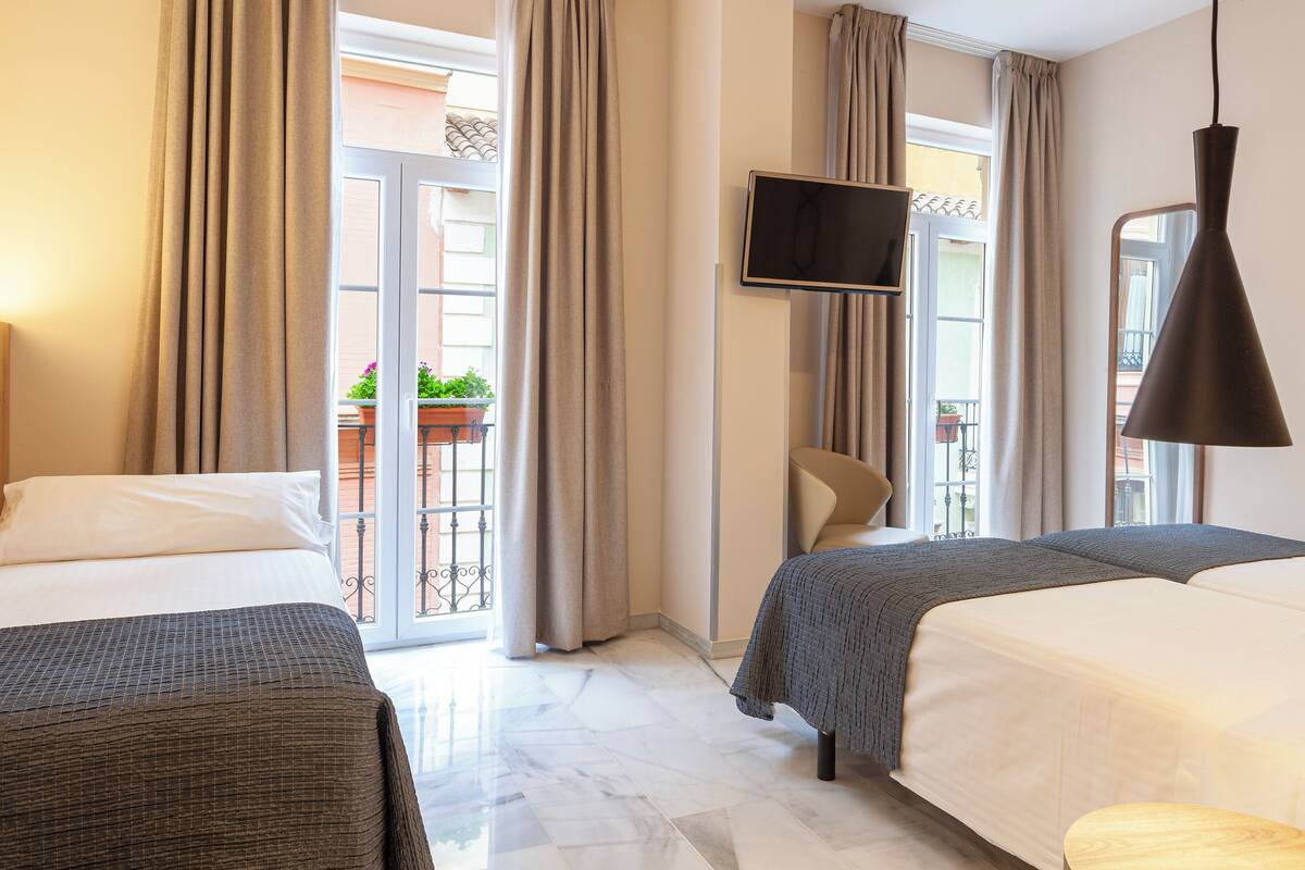 A hotel room with two beds, a TV, and a balcony with potted plants.