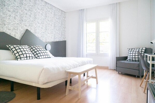 Desk, blackout curtains, soundproofing, iron/ironing board