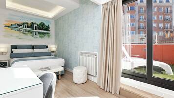 A modern bedroom with a large bed, a desk, a chair, a radiator, and a window with curtains.