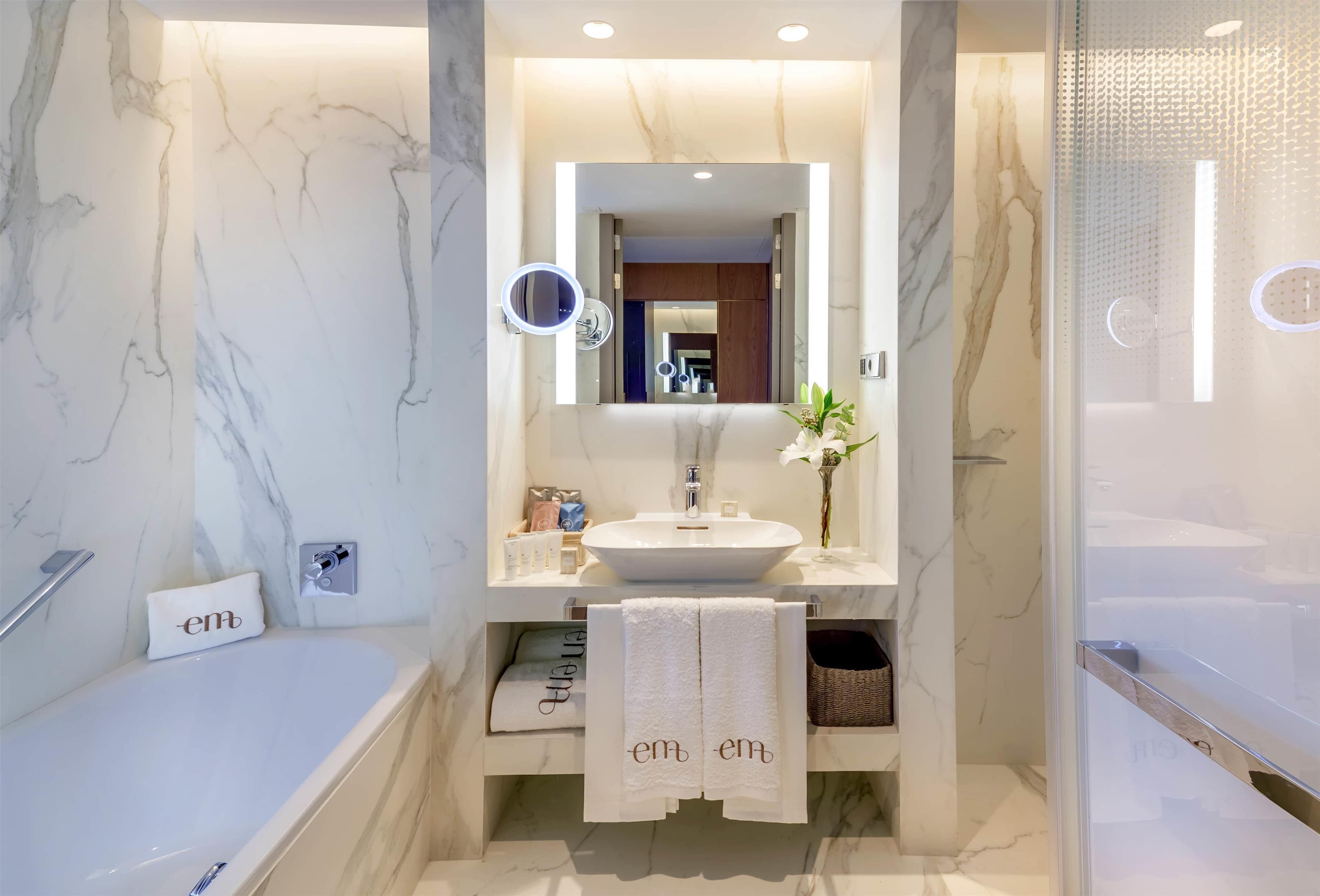 shower, designer toiletries, slippers, bidet