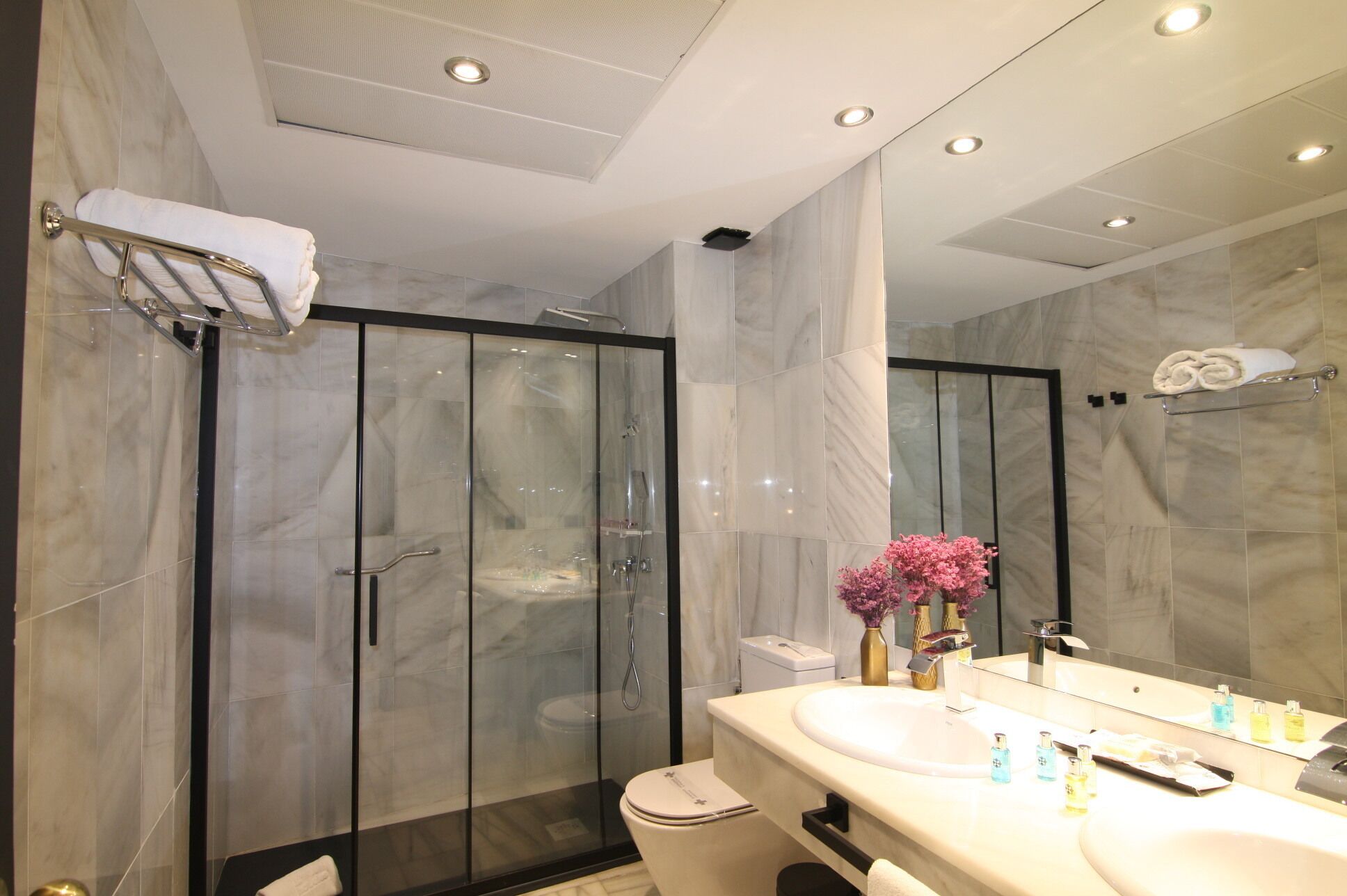 free toiletries, hair dryer, bidet, towels