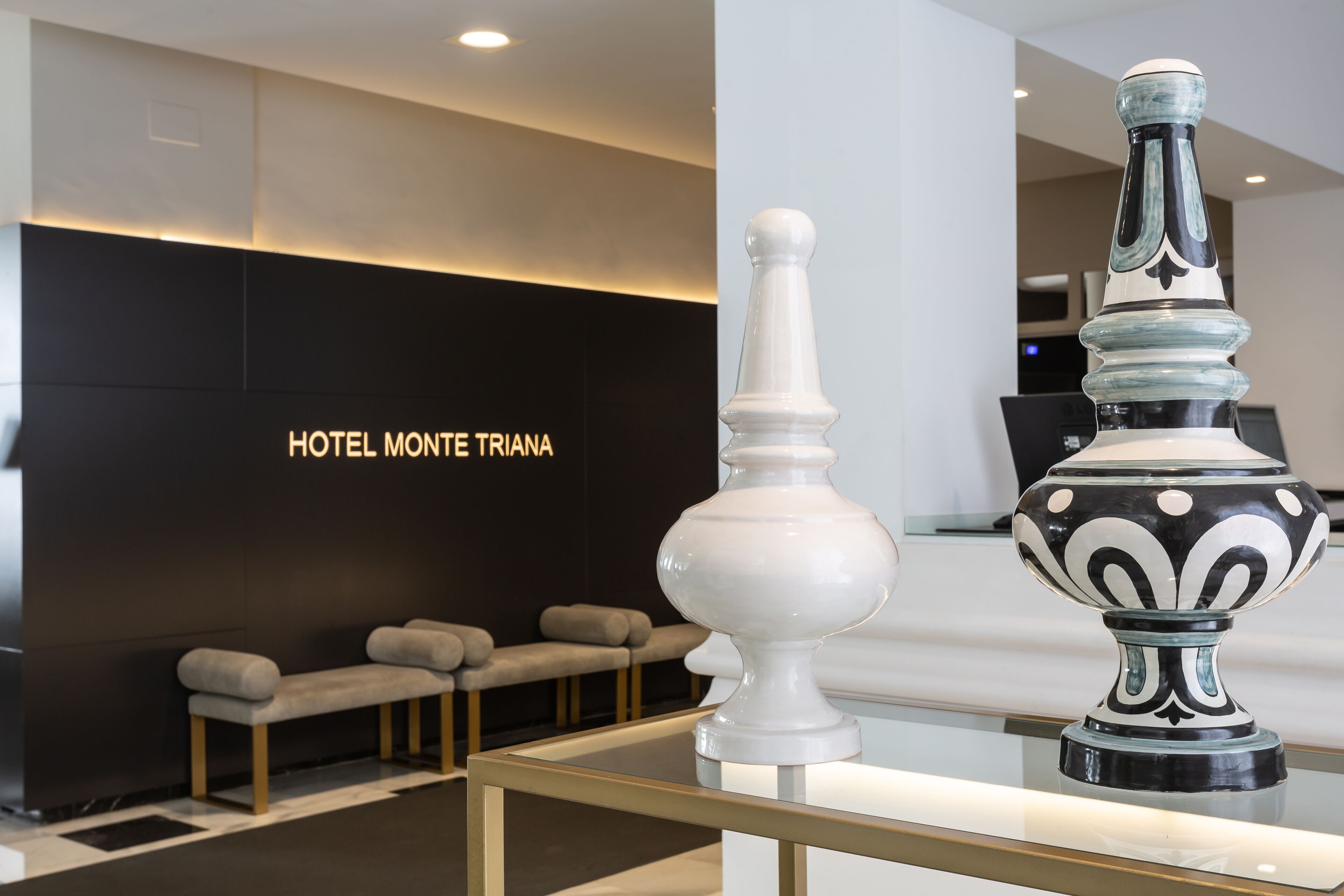 Un'area reception con una parete nera che mostra il testo "HOTEL MONTE TRIANA" e una scrivania della reception. In primo piano, un tavolo in vetro con due vasi.