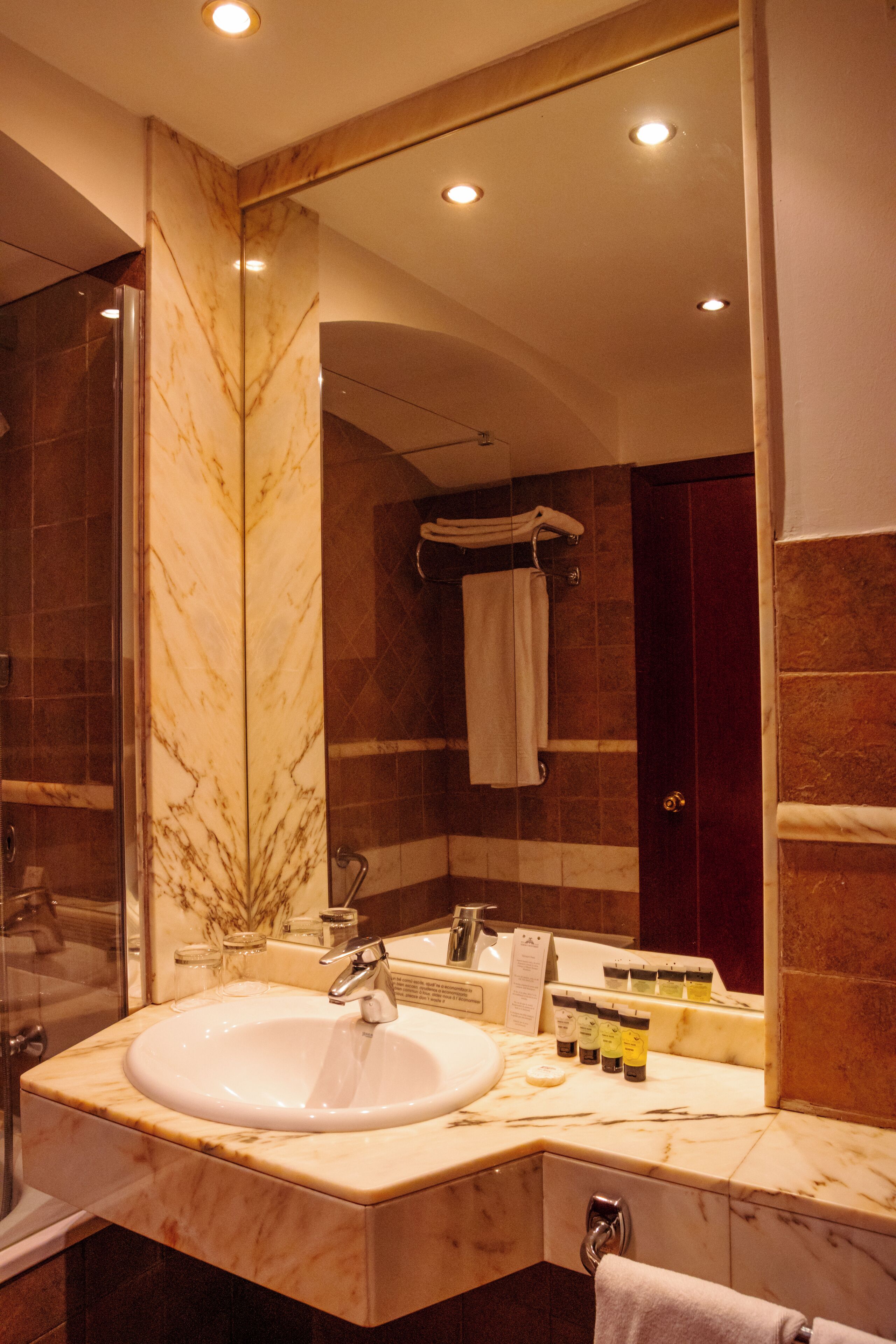 A bathroom with a marble sink, a glass shower enclosure, and a mirror reflecting the room.