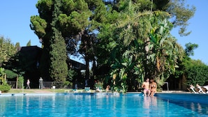 Una piscina rodeada de abundante vegetación y altos árboles.