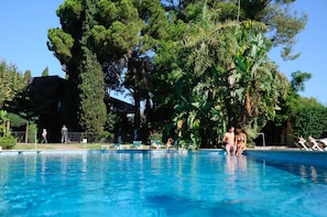 Indoor pool, outdoor pool, pool loungers