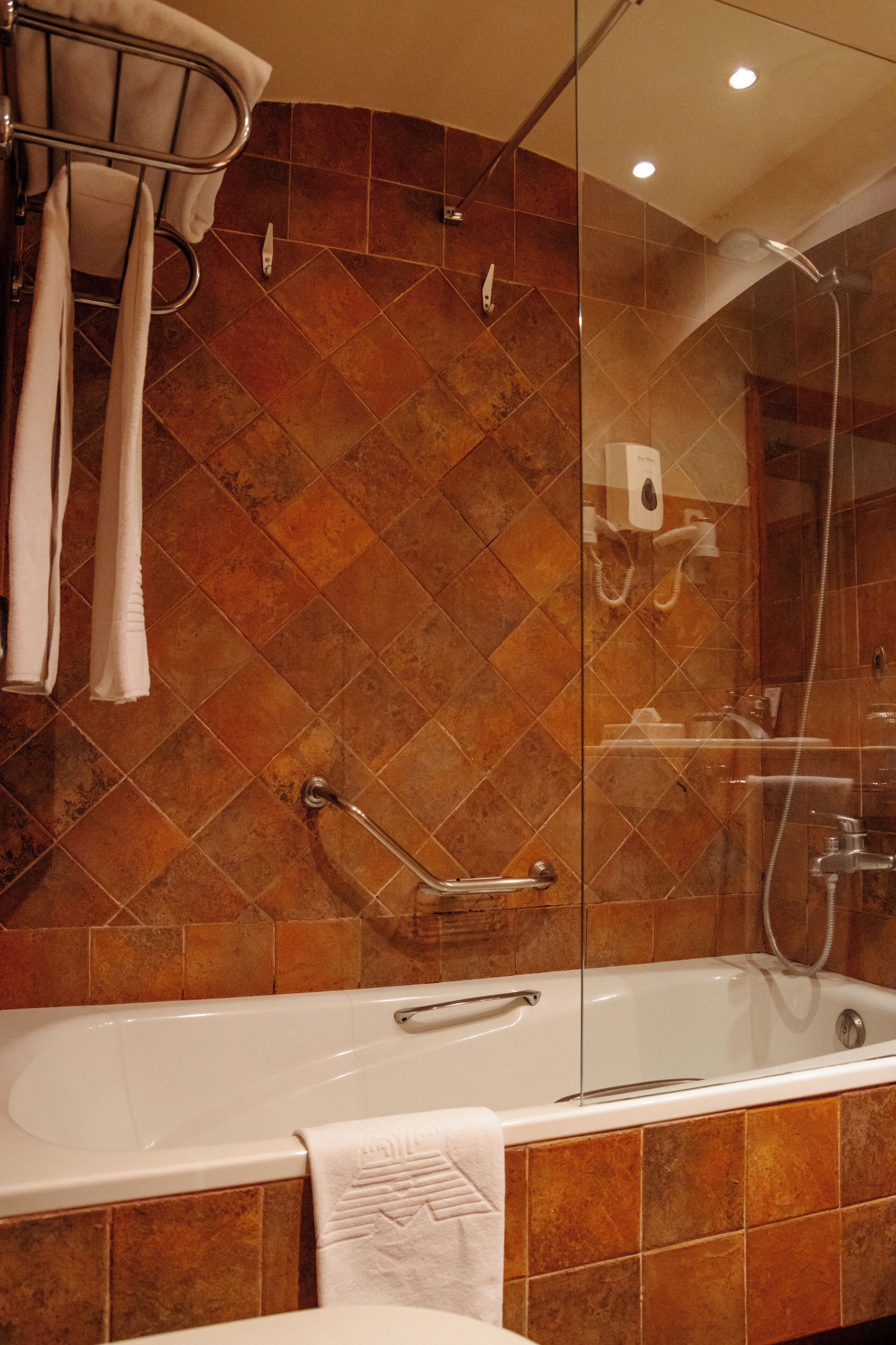 A modern bathroom with a glass-enclosed shower, a white bathtub, and a handrail.