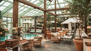 An indoor pool area with wicker furniture and potted plants.