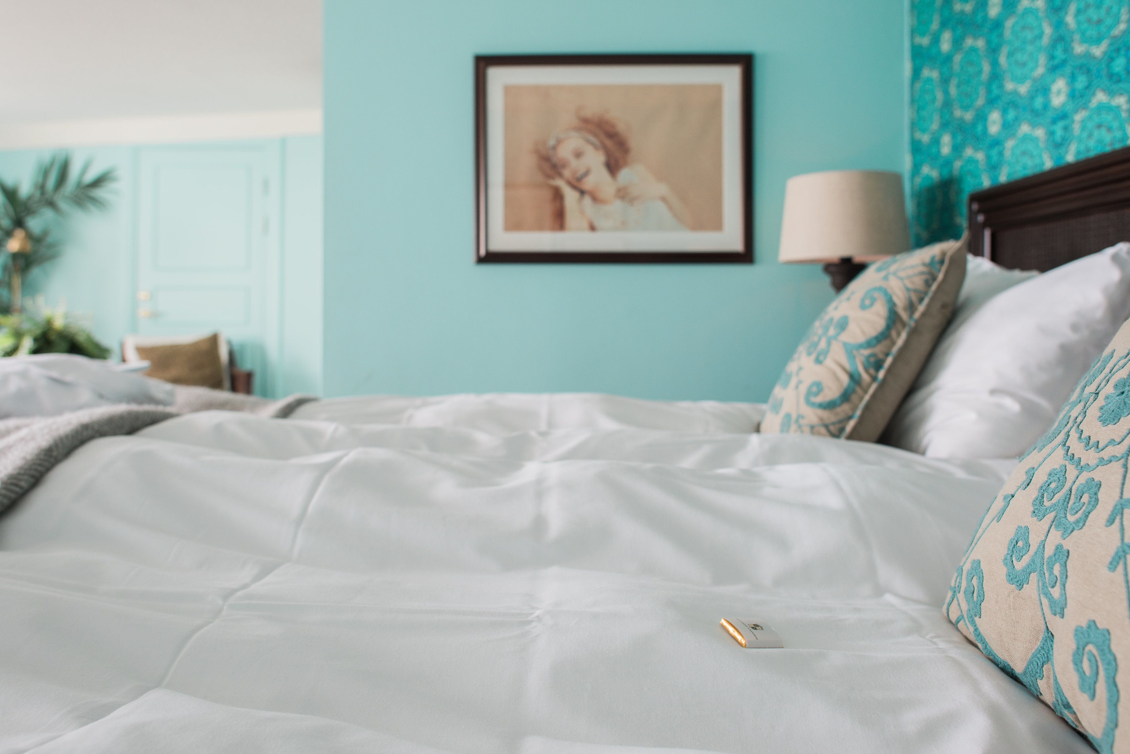 A neatly made bed with a white comforter and patterned pillows, a framed picture on the wall, and a lamp beside the bed.