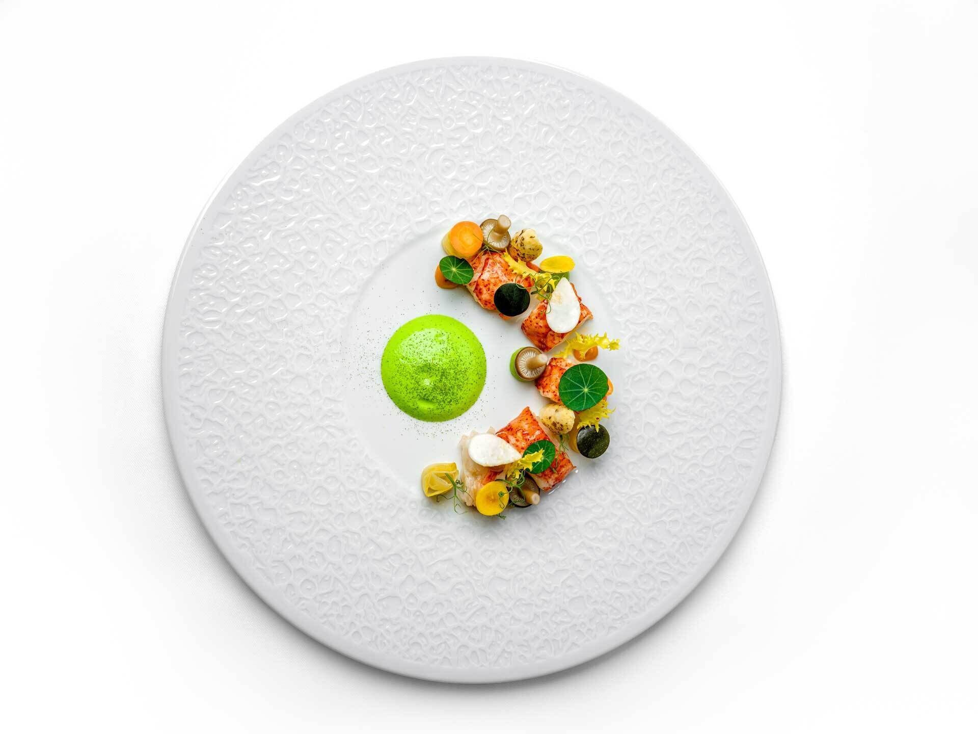 Un plato blanco con salsa verde, salmón y diferentes guarniciones.