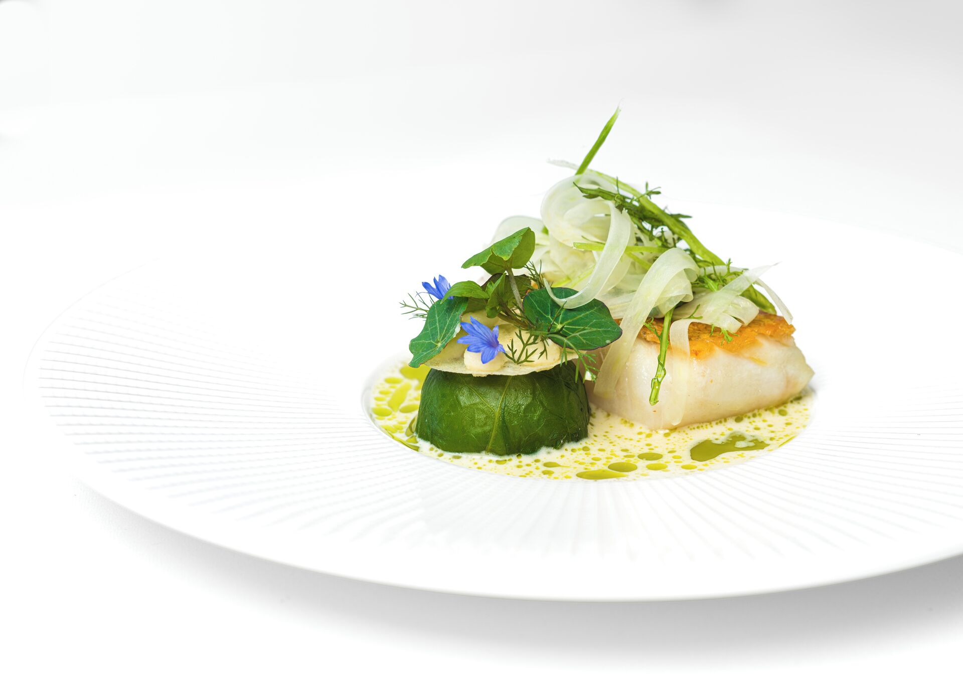 Un plato blanco con un guiso de pescado, verduras y salsa.