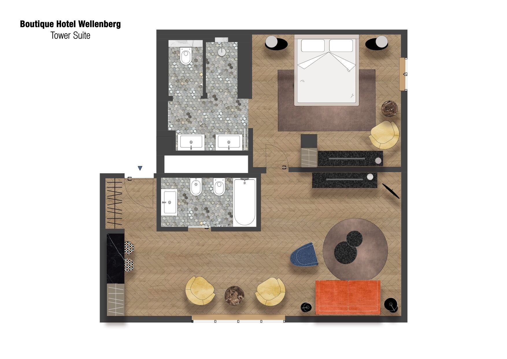A floor plan of the Tower Suite at Boutique Hotel Wellenberg, featuring a bathroom with a shower, toilet, and sink; a living area with a sofa, coffee table, and a circular seating area; and a dining area with a table and chairs.