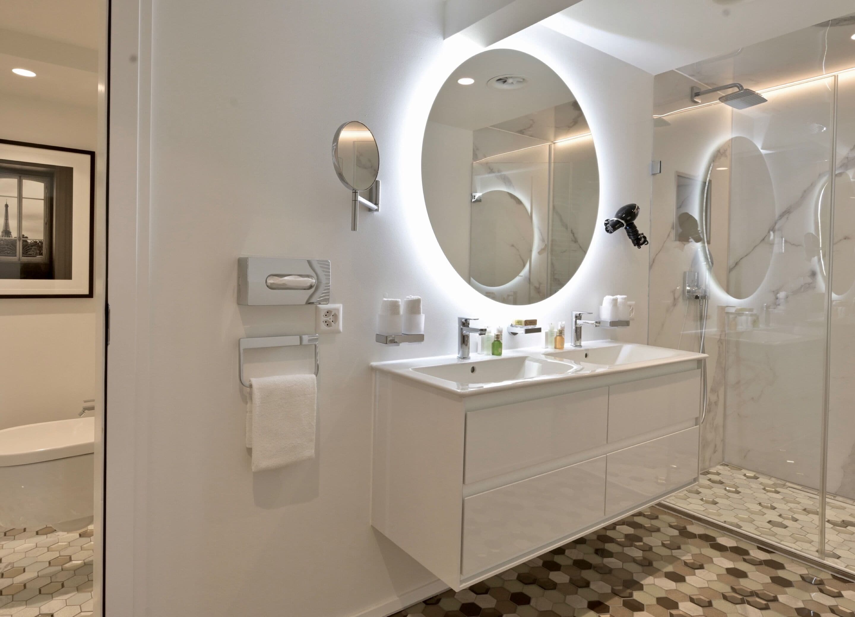 owners suite | bathroom | designer toiletries, hair dryer, towels, soap