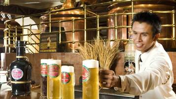 A bar with copper brewing equipment and bottles of beer.