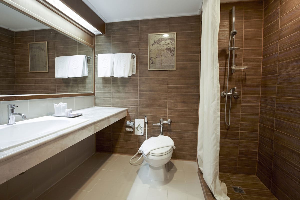 Une salle de bain moderne avec un grand miroir, deux lavabos, des toilettes et une douche.