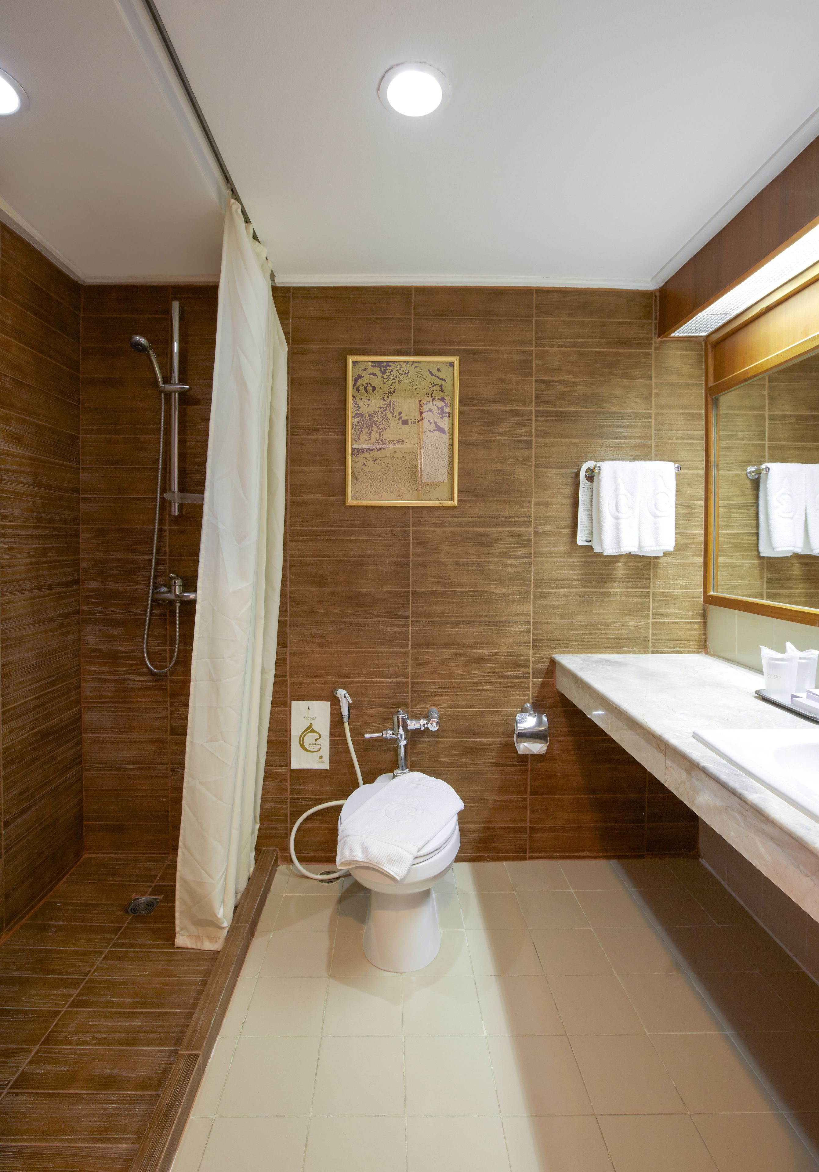 Un baño con ducha, inodoro, lavabo y espejo.