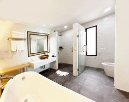 Un baño moderno con bañera, tocador con espejo, ducha con mampara de vidrio y retrete.