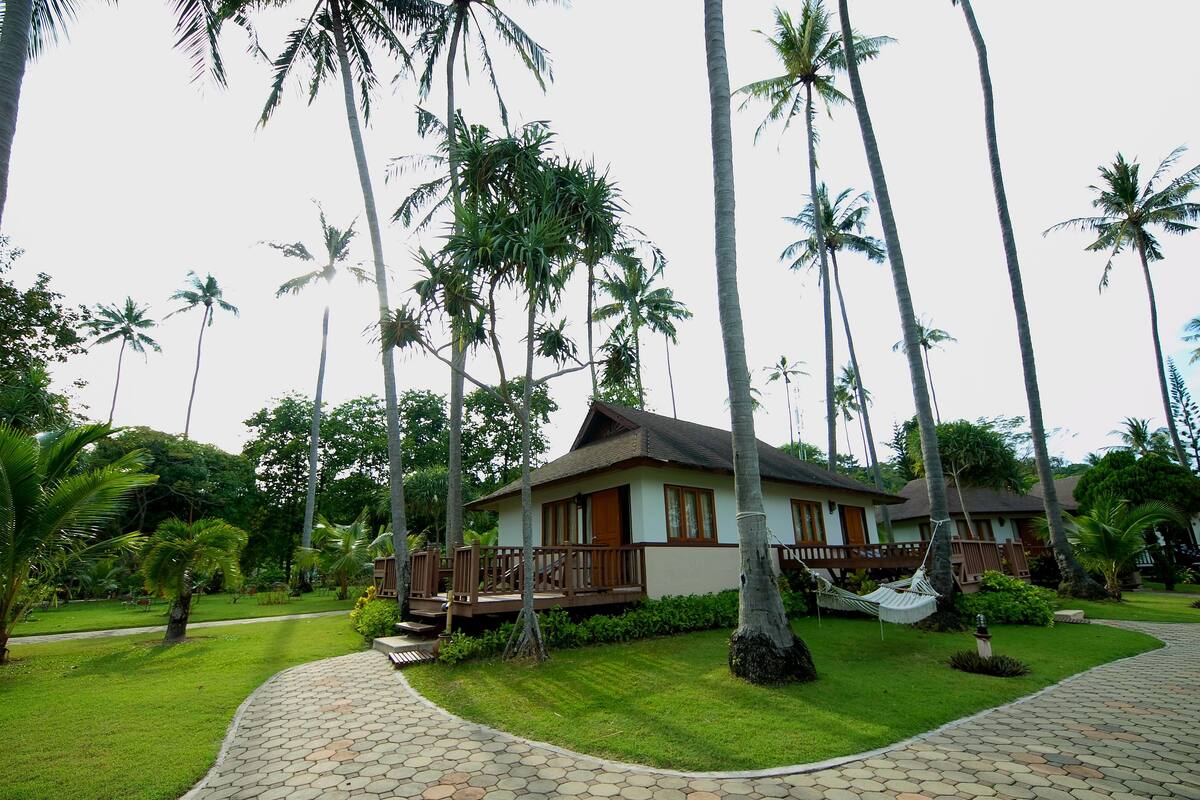 Un bungalow doté d’un toit de chaume, entouré de palmiers et bordé d’un chemin pavé.