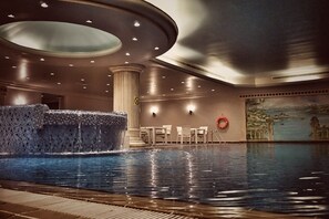Indoor pool, open 10:00 AM to 10:00 PM, sun loungers