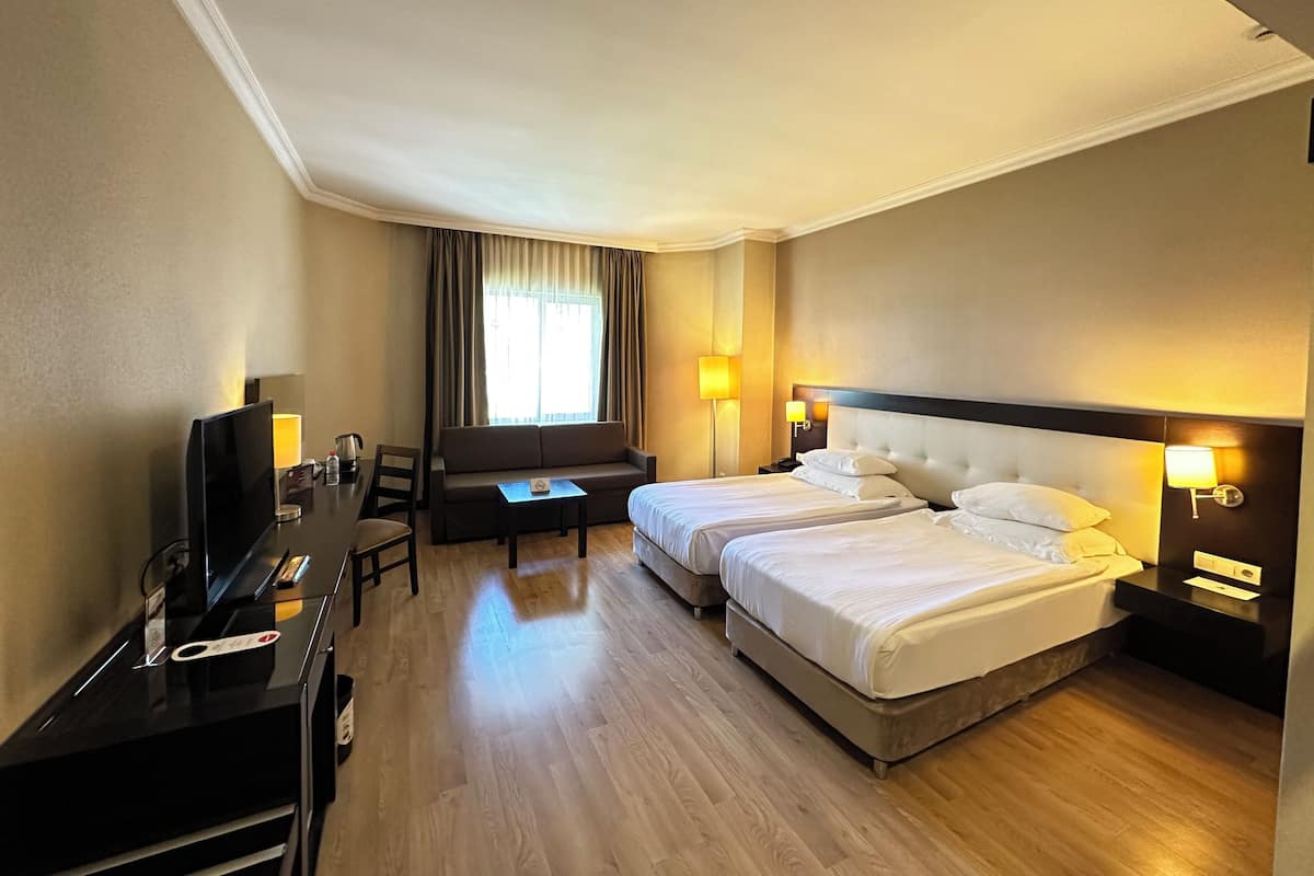 A hotel room with a bed, a desk, a chair, a sofa, and a TV.