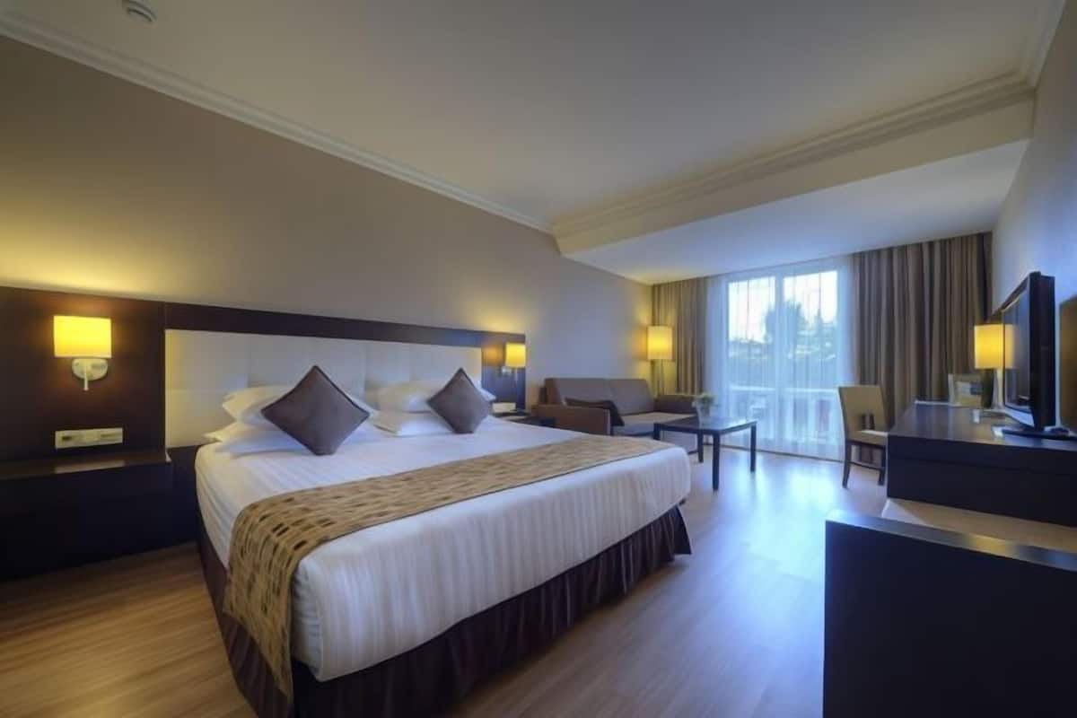 A hotel room with a large bed, a desk, a chair, and a TV.