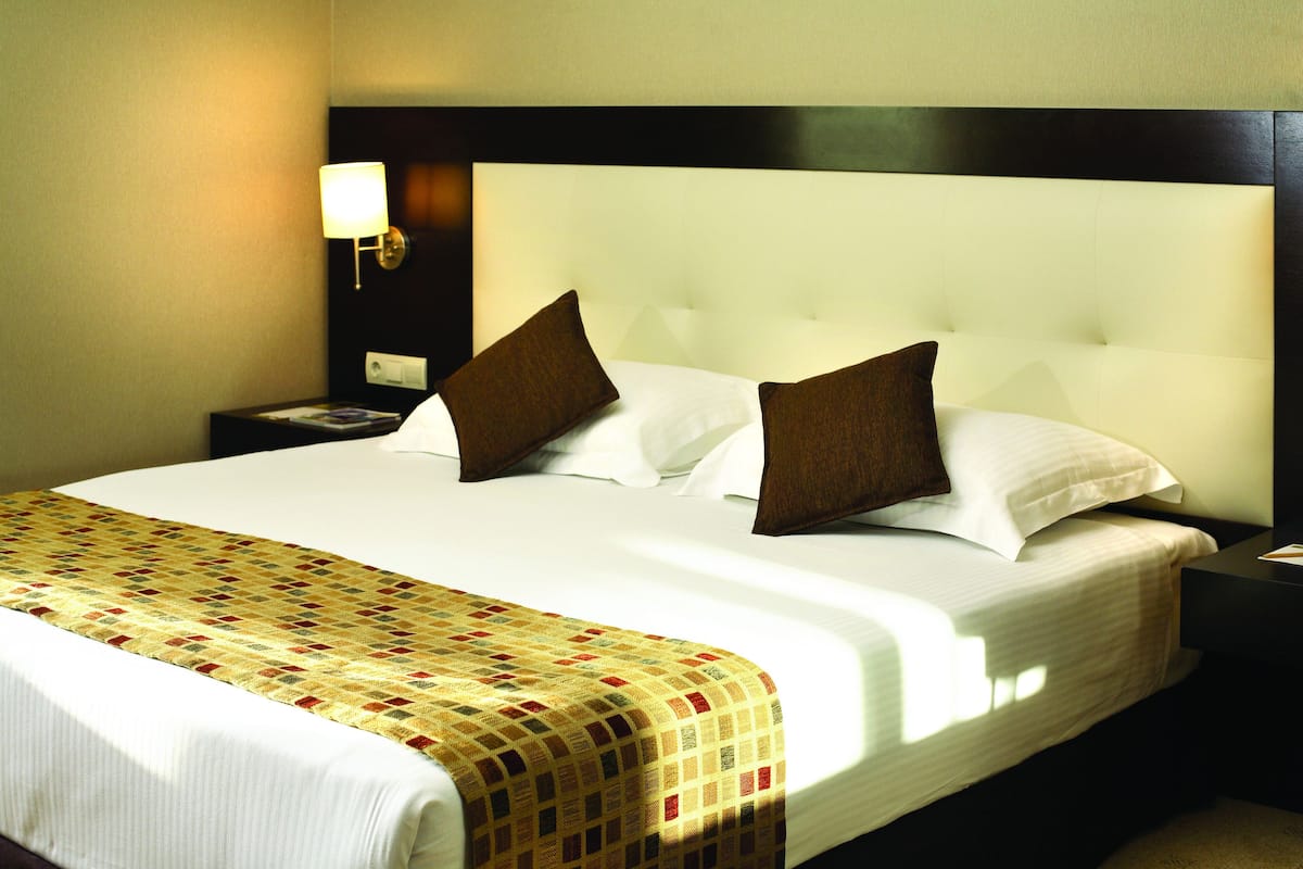 A hotel room with a large bed, a nightstand, a lamp, and a patterned bedspread.