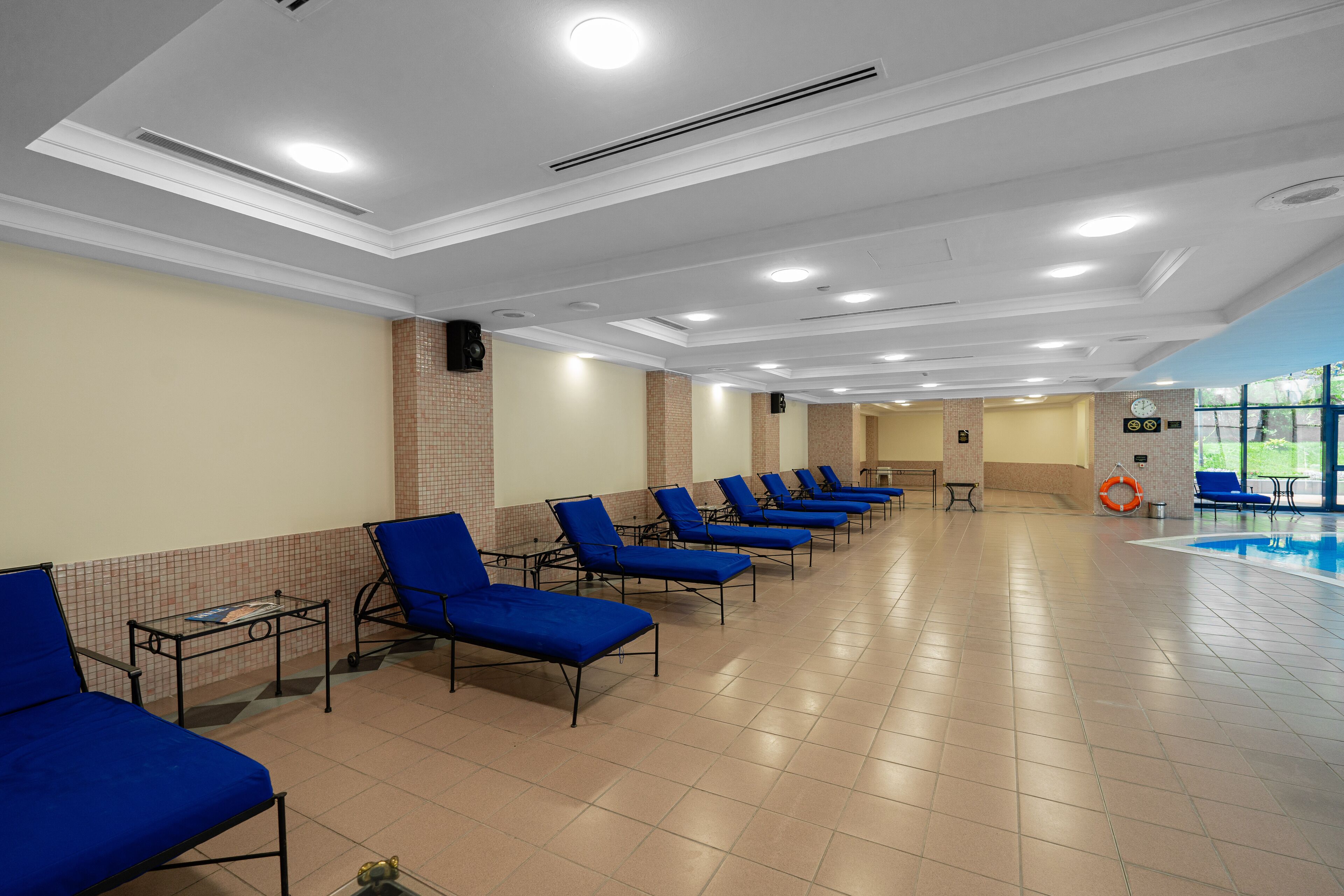 Una hall d'albergo con file di poltrone blu, una reception e una piscina visibile attraverso il muro di vetro.